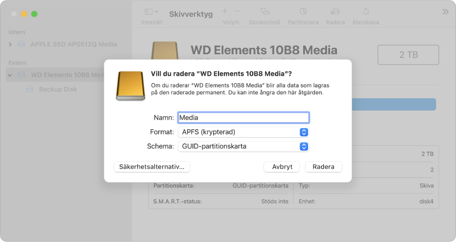 Ett fönster i Skivverktyg som visar raderingsdialogrutan som ställs in inför en omformatering av en extern enhet med ett krypterat APFS-format.