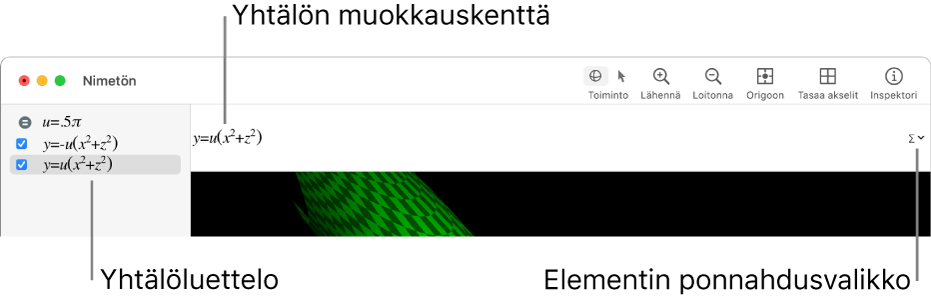 Yhtälö valittuna Grapherissa.