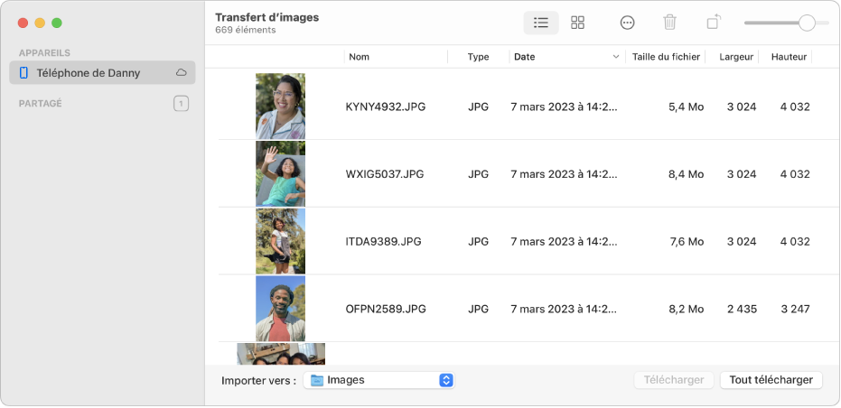 La fenêtre Transfert d’images affichant des images à importer depuis un iPhone.