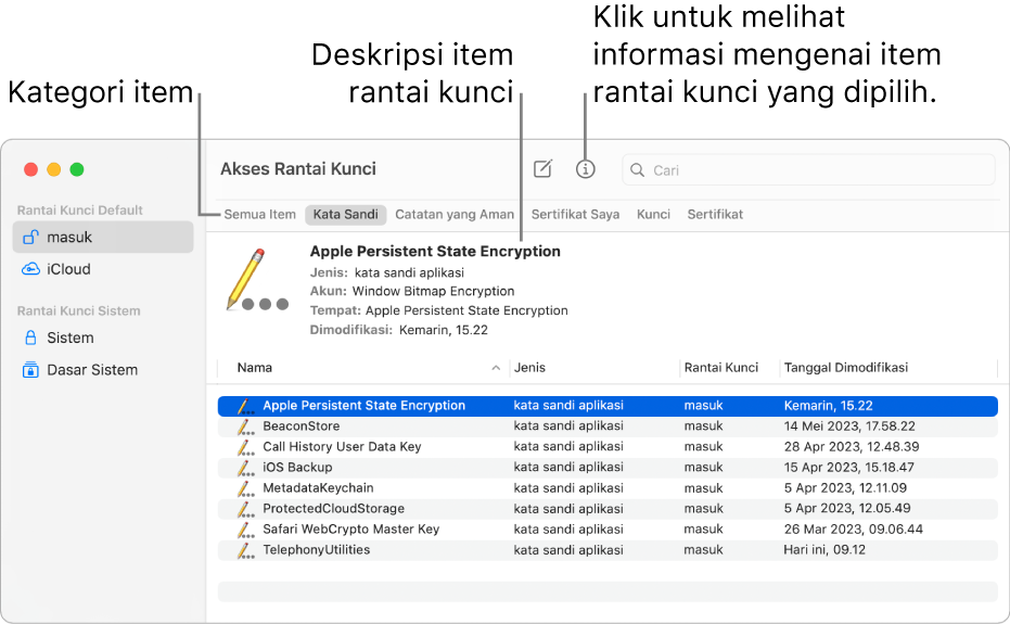 Jendela Akses Rantai Kunci. Di sebelah kiri terdapat daftar rantai kunci Anda. Di kanan atas terdapat daftar kategori item di rantai kunci yang dipilih (seperti Kata Sandi). Di bagian kanan bawah adalah daftar item dalam kategori yang dipilih, dan di atas daftar item adalah deskripsi item yang dipilih.