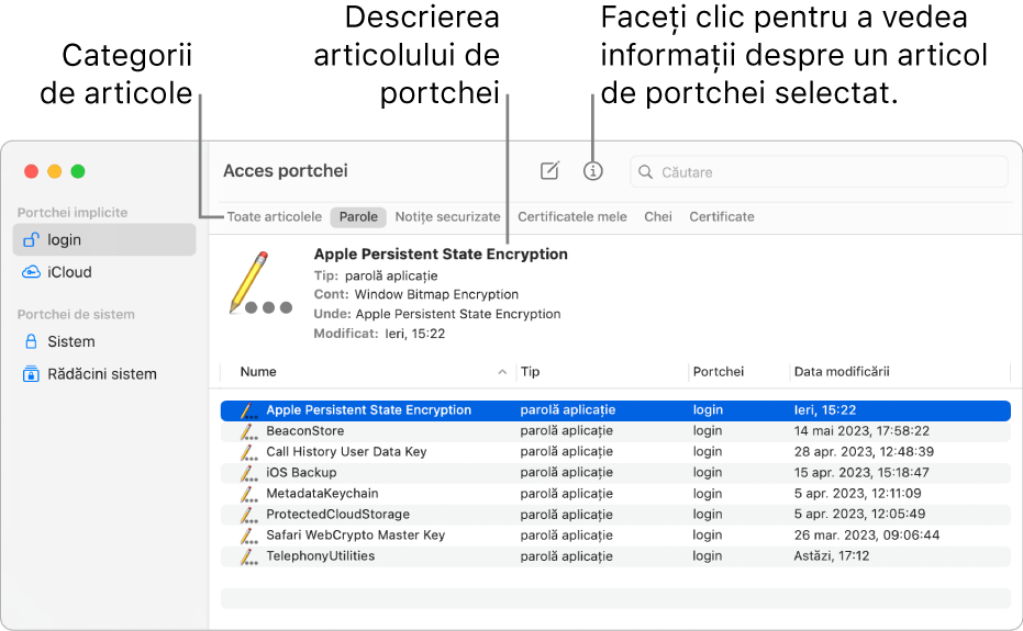 Fereastra Acces portchei. În partea stângă se află lista portcheilor dvs. În partea din dreapta sus este lista categoriilor de articole din portcheiul selectat (cum ar fi Parole). În partea dreaptă jos se află lista articolelor din categoria selectată, iar deasupra listei de articole este o descriere a articolului selectat.