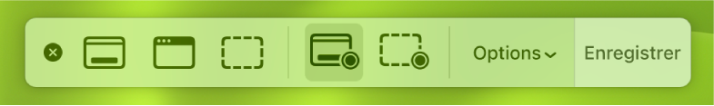Les outils de capture d’écran avec le bouton Enregistrer à droite et le menu local Options à côté.