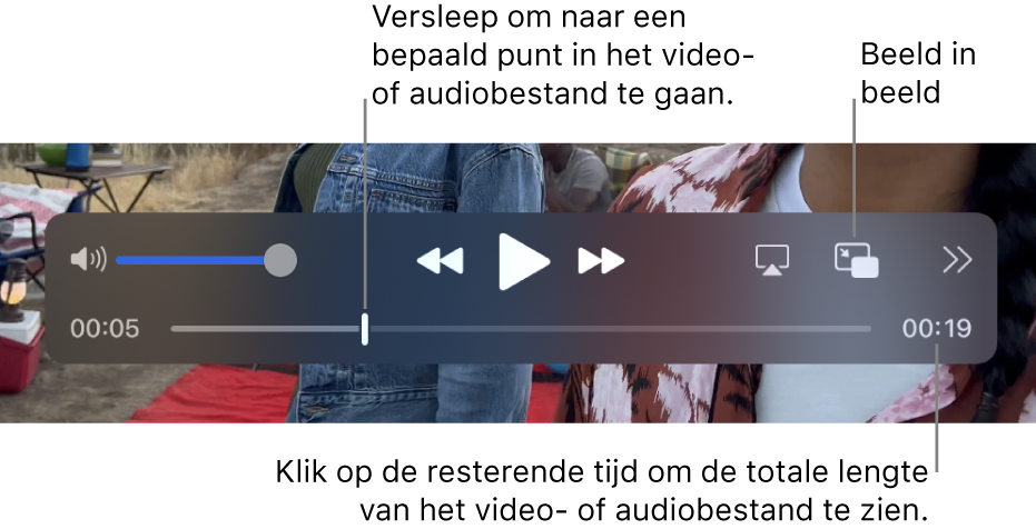 De afspeelregelaars van QuickTime Player. Bovenaan staan de volumeregelaar en de knoppen voor terugspoelen, afspelen/pauzeren en vooruitspoelen, de knop 'Kies scherm', de knop 'Beeld in beeld' en de knop 'Deel en afspeelsnelheid'. Onderaan staat de afspeelkop, die je kunt slepen om naar een specifiek punt in het bestand te gaan. Rechtsonderaan staat de resterende tijd voor het bestand.