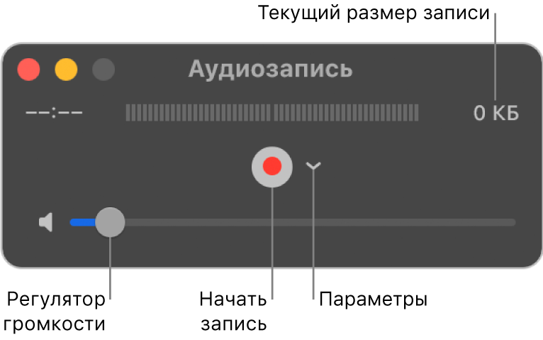 Окно «Звукозапись» с кнопкой «Запись» и всплывающим меню «Параметры» в центре окна, а также регулятором громкости внизу.