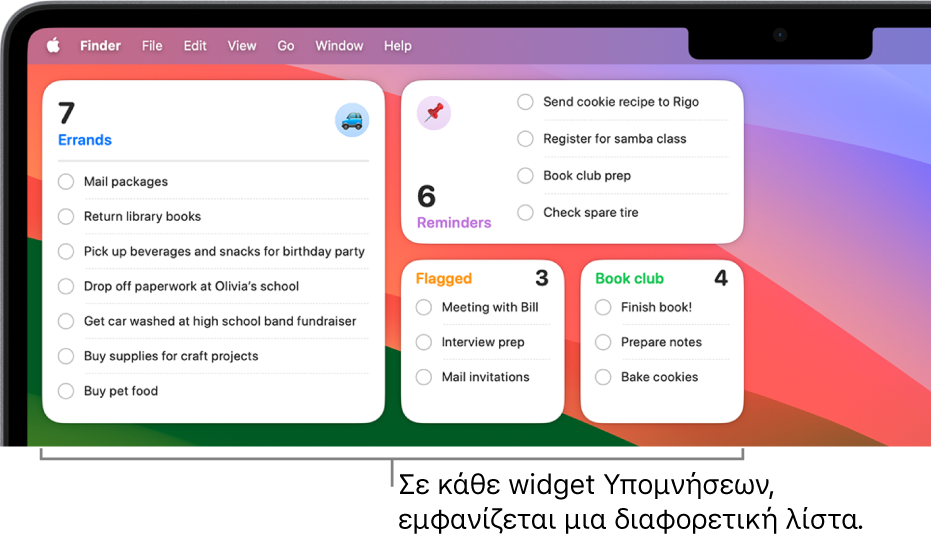 Τέσσερα widget Υπομνήσεων στο γραφείο εργασίας και σε καθένα εμφανίζεται μια διαφορετική λίστα.