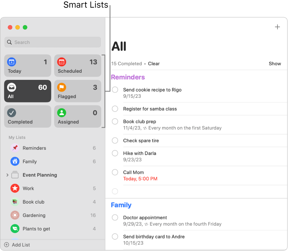 A Reminders window showing Smart Lists in the sidebar.