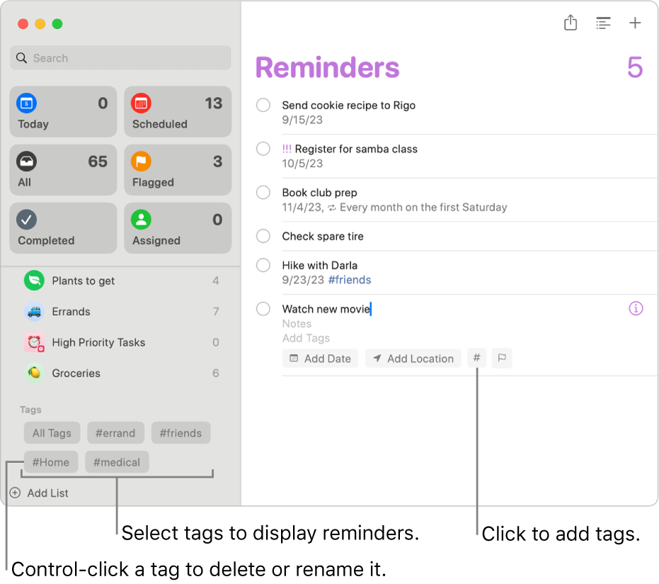 A Reminders window showing several tags in the sidebar and a reminder that has one tag applied to it.