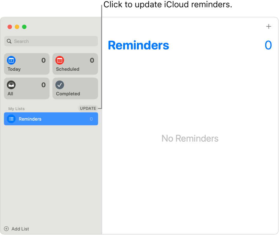 A Reminders window showing the Update button in the sidebar.