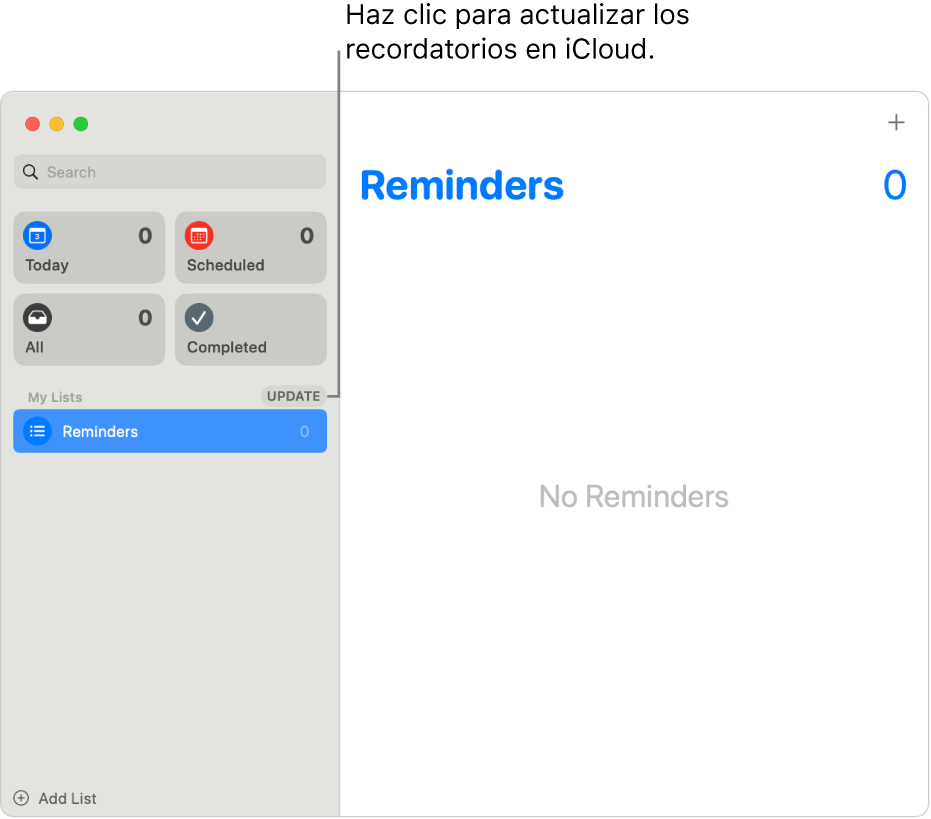 Una ventana de Recordatorios mostrando el botón Actualizar en la barra lateral.