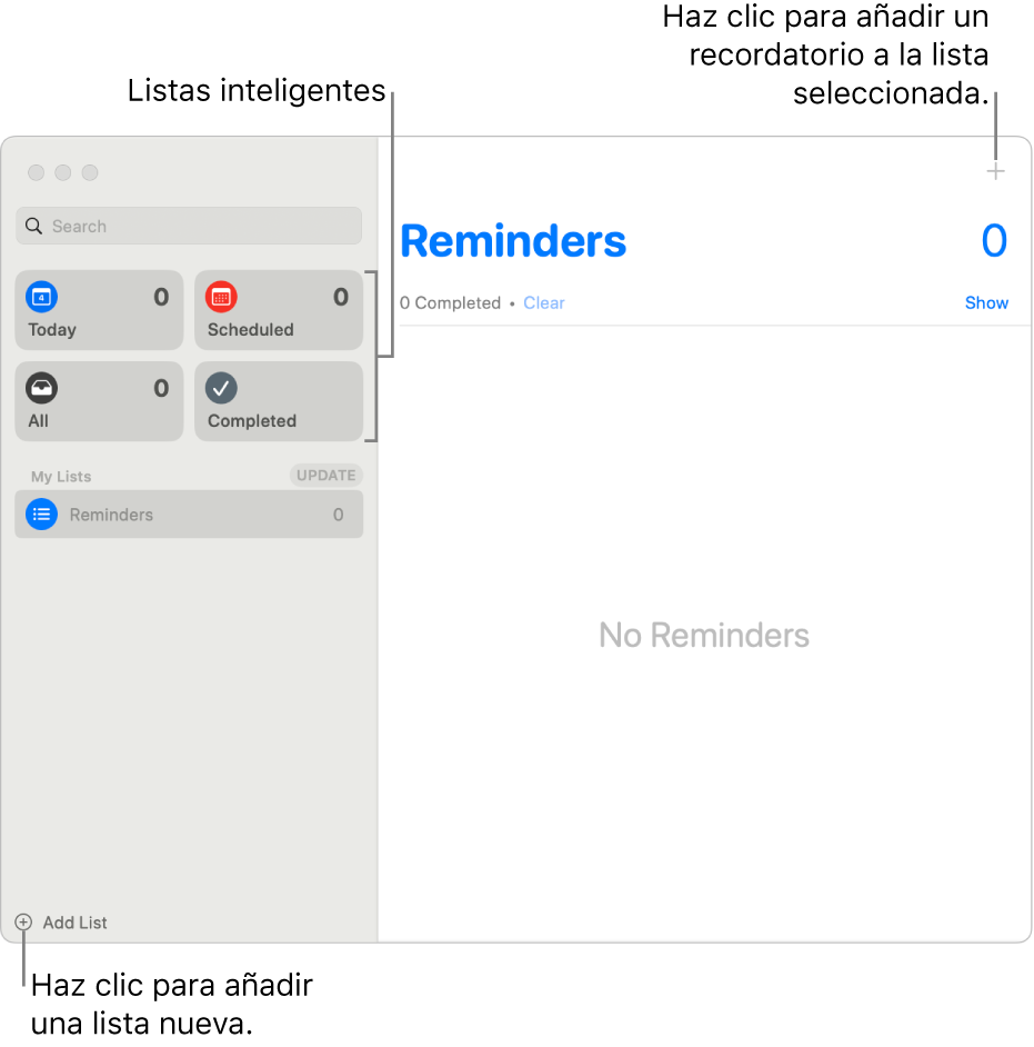 Una ventana de Recordatorios mostrando el botón Agregar lista en la esquina inferior derecha, el botón Agregar recordatorio en la esquina superior derecha y listas inteligentes en la barra lateral.