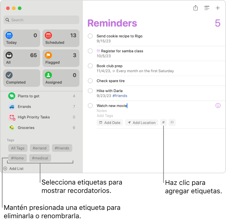 Una ventana de Recordatorios mostrando varias etiquetas en la barra lateral y un recordatorio que tiene una etiqueta aplicada.