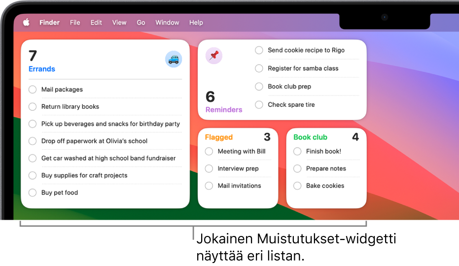 Neljä Muistutukset-widgettiä työpöydällä, jokaisessa näkyy eri lista.