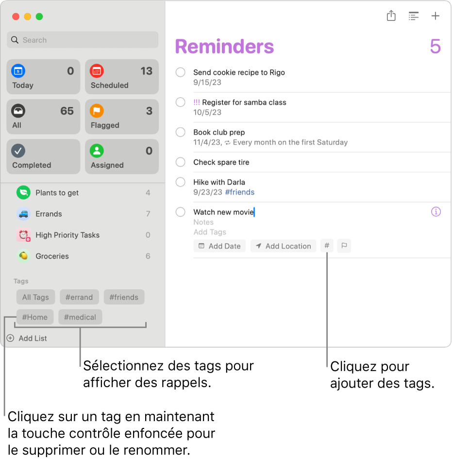 Une fenêtre Rappels affichant plusieurs tags dans la barre latérale et un rappel auquel un tag est appliqué.