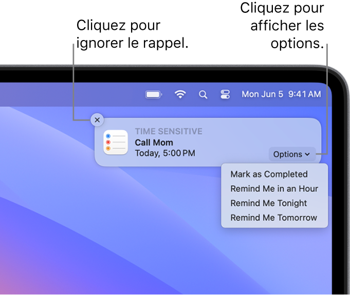 Une notification de rappel avec les boutons Terminer et Plus tard.