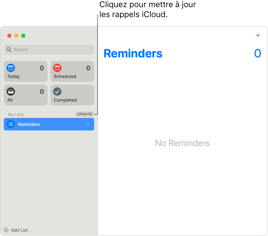 Une fenêtre Rappels avec le bouton « Mettre à jour » dans la barre latérale.