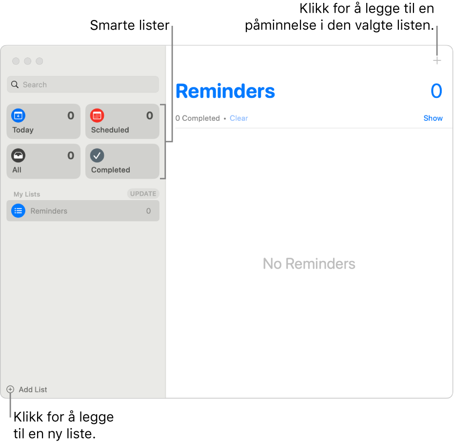 Et Påminnelser-vindu som viser Legg til liste-knappen nede i høyre hjørne, Legg til Påminnelser-knappen øverst i høyre hjørne og smarte lister i sidepanelet.