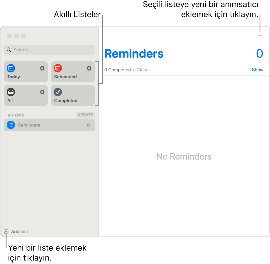 Sağ alt köşede Liste Ekle düğmesini, sağ üst köşede Anımsatıcı Ekle düğmesini ve kenar çubuğunda Akıllı Listeler’i gösteren bir Anımsatıcılar penceresi.