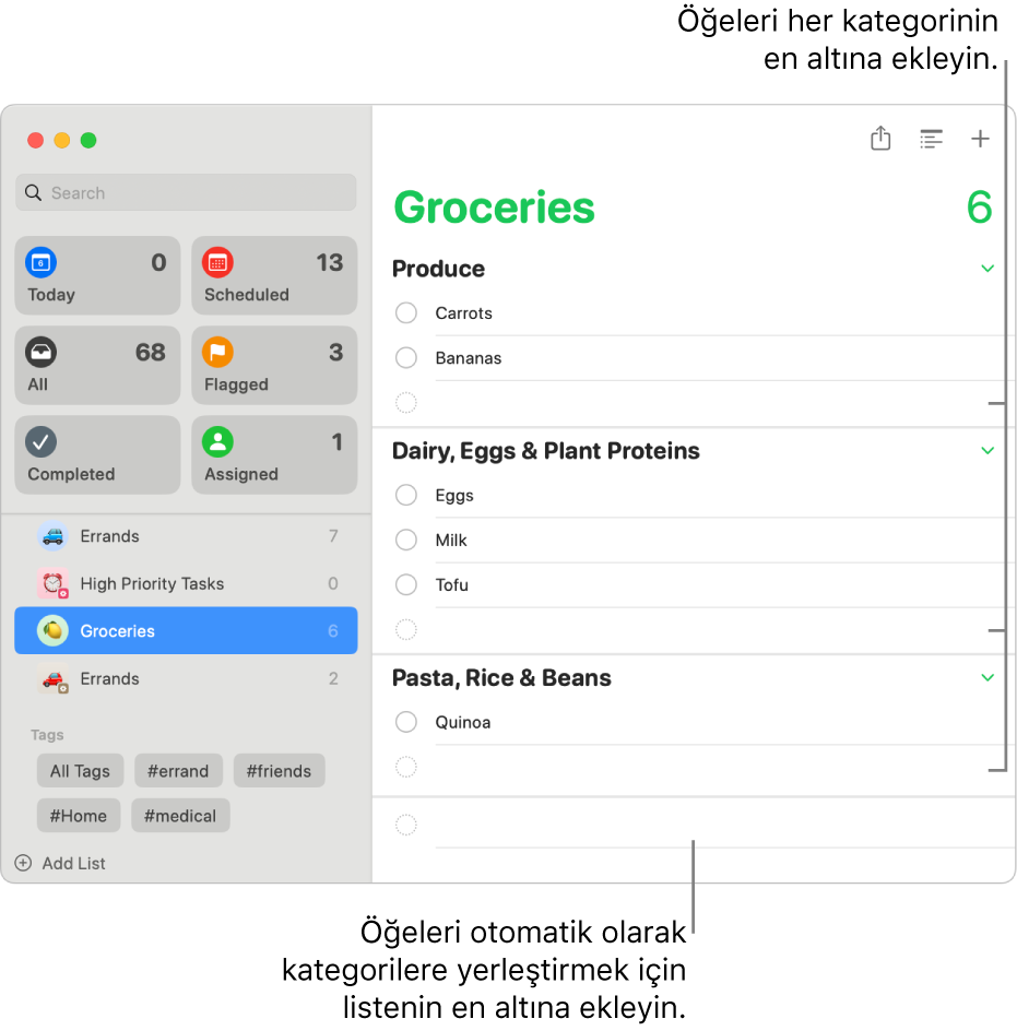 Öğeleri üç kategori hâlinde listelenmiş bir alışveriş listesi. Her kategorinin en altında öğe eklenebilecek boş alanlar ve listenin tamamının en altında otomatik olarak kategorilere yerleştirilecek öğelerin eklenebileceği boş bir alan var.