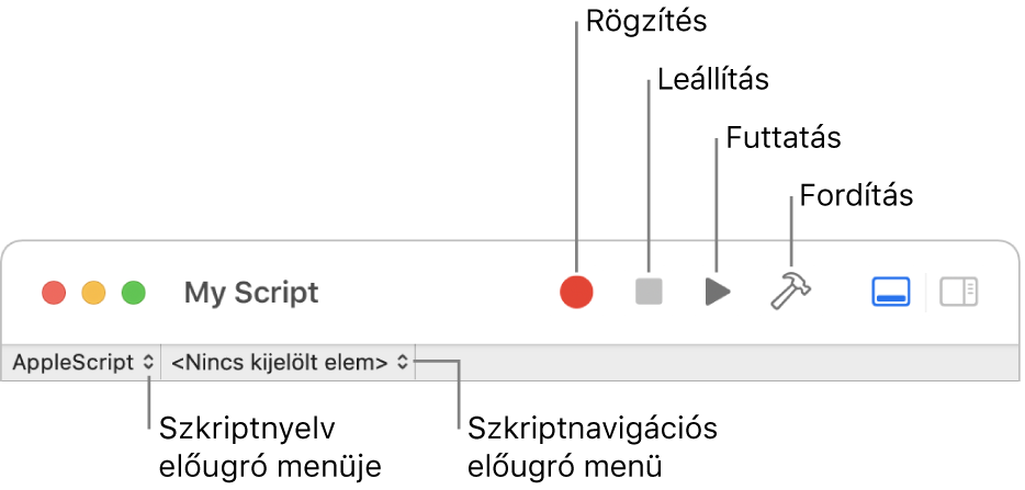 A Szkriptszerkesztő menüsora, melyen a felvétel, leállítás, futtatás, fordítás, szkript nyelve és szkriptnavigáció vezérlők láthatóak