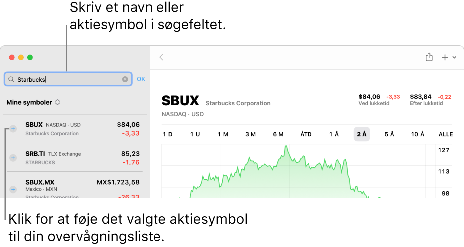 Et vindue i Værdipapirer med søgefeltet, en liste over søgeresultater og knappen Føj til overvågningsliste.