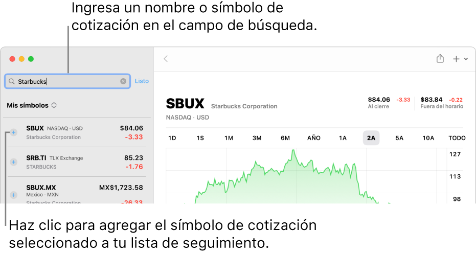 Una ventana de la app Bolsa mostrando el campo de búsqueda, una lista con los resultados de una búsqueda, y el botón Agregar a la lista.