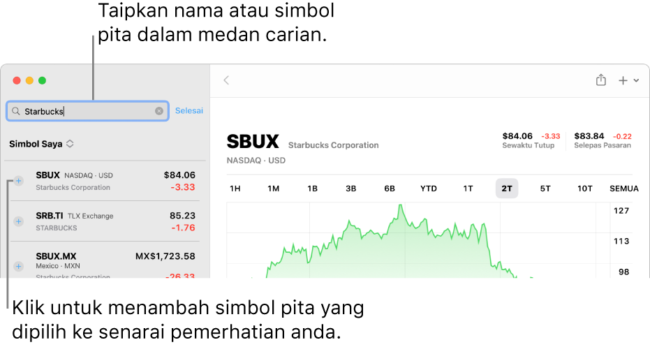 Tetingkap Saham menunjukkan medan carian, senarai hasil carian dan butang Tambah ke Senarai Pemerhatian.