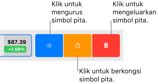 Butang Urus, Kongsi dan Keluarkan yang kelihatan apabila anda memilih simbol pita dalam senarai pemerhatian dan leret ke kiri.