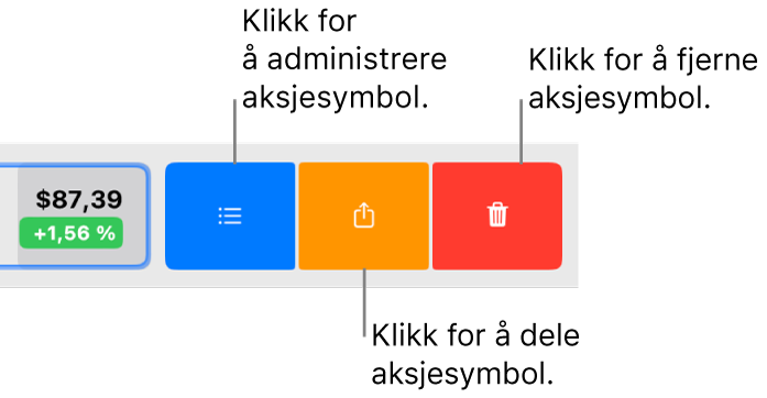 Administrer-, Del- og Fjern-knappene som vises når du markerer et tickersymbol i listen og sveiper til venstre.