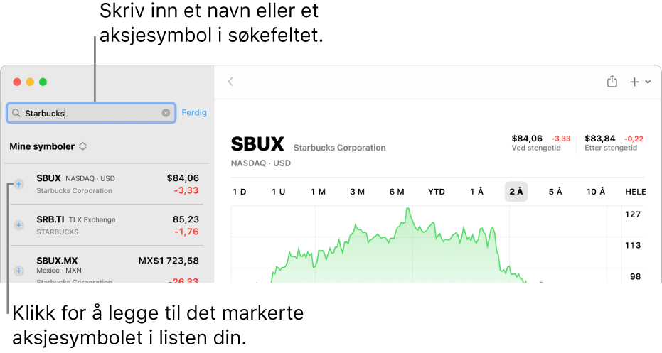 Et Aksjer-vindu som viser søkefeltet, en liste med søkeresultater og Legg til i Min liste-knappen.