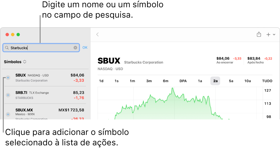 Uma janela da aplicação Bolsa a mostrar o campo de pesquisa, uma lista dos resultados da pesquisa e o botão “Adicionar à lista de ações”.