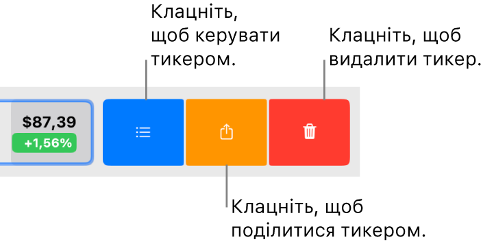 Кнопки «Керувати», «Поширити» і «Вилучити», які з’являються, коли вибрати тикер у списку стеження і провести вліво.