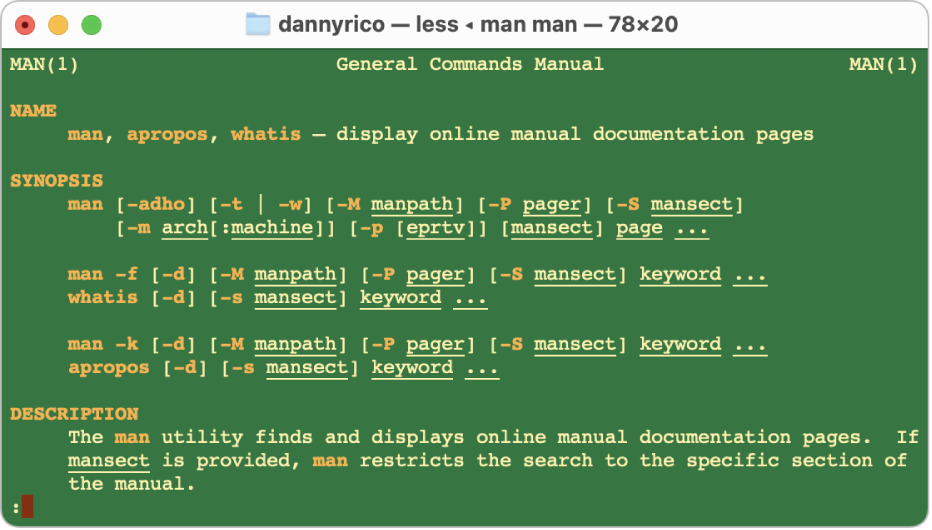 A Terminal window showing the man page details of the man command.