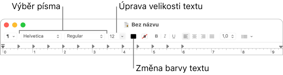 Panel nástrojů TextEditu s volbami pro úpravu velikosti, barvy a písma textu