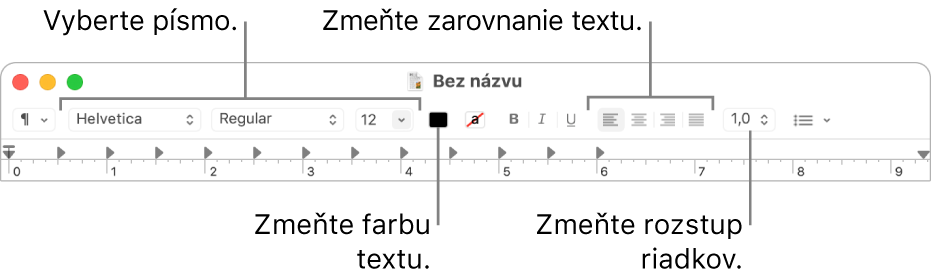 Panel s nástrojmi aplikácie TextEdit pre dokument s formátovaným textom zobrazujúci ovládanie písma, zarovnania textu a rozstupu.