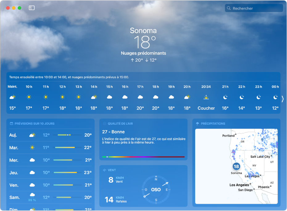 La fenêtre Météo affichant la température actuelle, les températures minimales et maximales de la journée, les prévisions horaires, les prévisions sur 10 jours, un plan des précipitations et des données relatives à la qualité de l’air, lʼindex dʼUV, le lever du soleil, le vent et la quantité de précipitations.