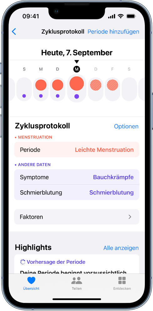 Der Bildschirm „Zyklusprotokoll“ mit der Zeitleiste für eine Woche im oberen Bereich. Die ersten 3 Tage sind mit ausgefüllten roten Kreisen und die übrigen Tage mit violetten Punkten gekennzeichnet. Unter der Zeitleiste befinden sich Optionen zum Hinzufügen von Informationen über Perioden, Symptome und mehr.