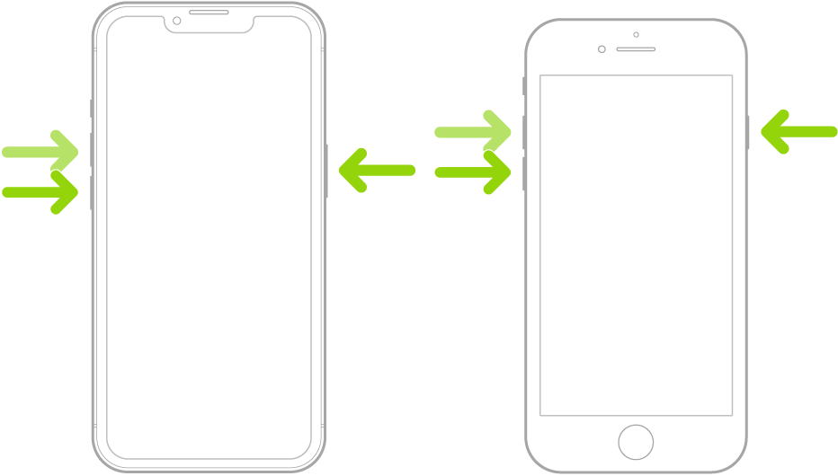 An illustration of two iPhone models, one with a Home button and one without, with the screens facing up. The volume buttons for each model are on the left side of iPhone, and the side button is on the right.