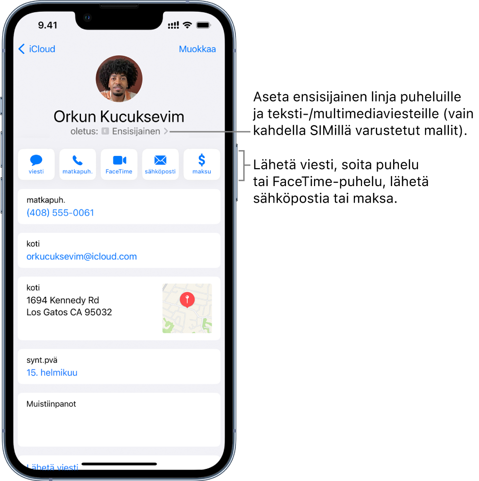 Yhteystiedon tietonäyttö. Yläreunassa on yhteystiedon kuva ja nimi. Alla ovat painikkeet viestin lähettämiselle, puhelun soittamiselle, FaceTime-puhelun soittamiselle, sähköpostiviestin lähettämiselle ja rahan lähettämiselle Apple Paylla. Painikkeiden alla on yhteystiedot.