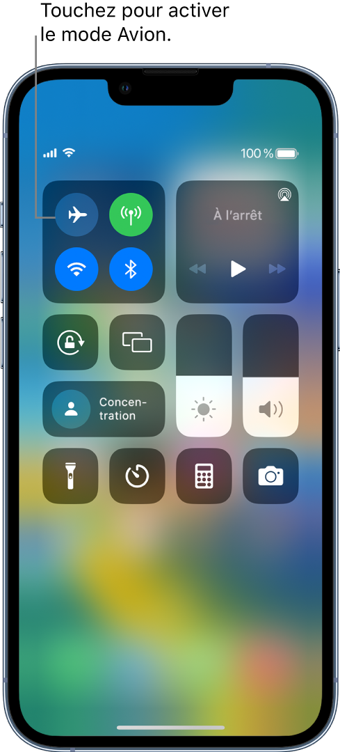 L’écran du centre de contrôle montrant qu’une pression sur le bouton en haut à gauche active le mode Avion.
