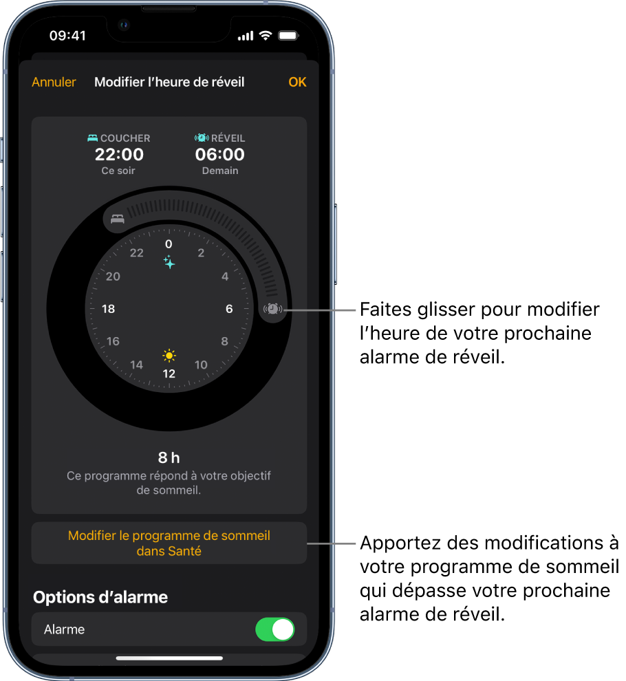 Un écran permettant de modifier l’alarme de réveil du lendemain, avec des boutons à faire glisser pour modifier les heures de coucher et de réveil, un bouton pour modifier le programme de sommeil dans l’app Santé, et un bouton pour activer ou désactiver l’alarme de réveil.