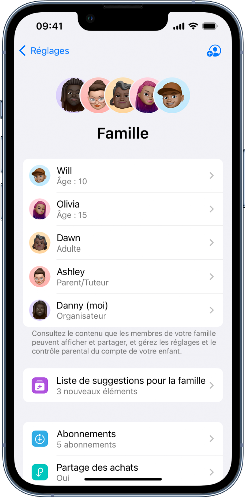 Écran Partage familial dans Réglages. Cinq membres d’une famille sont répertoriés. Sous leur nom figure la liste de suggestions pour la famille, et les options Abonnements, « Partage des achats » et « Partage de position ».