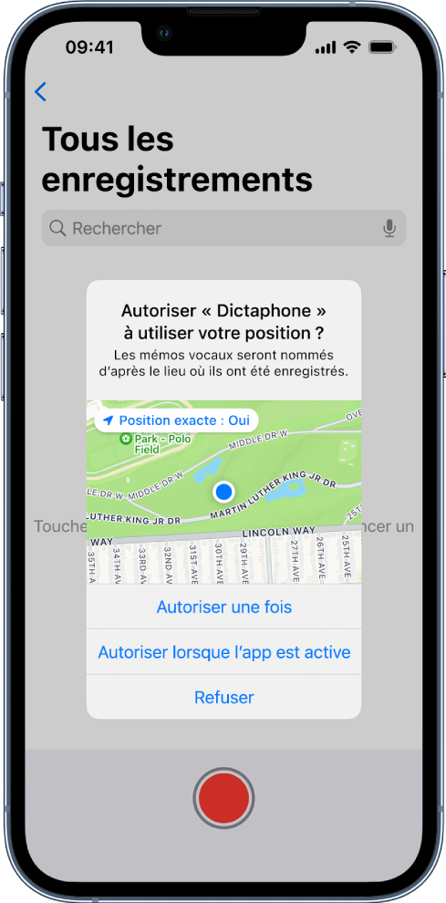 Une requête d’une app pour utiliser les données de localisation sur l’iPhone. Les options sont « Autoriser une fois », « Autoriser lorsque l’app est active » et « Ne pas autoriser ».