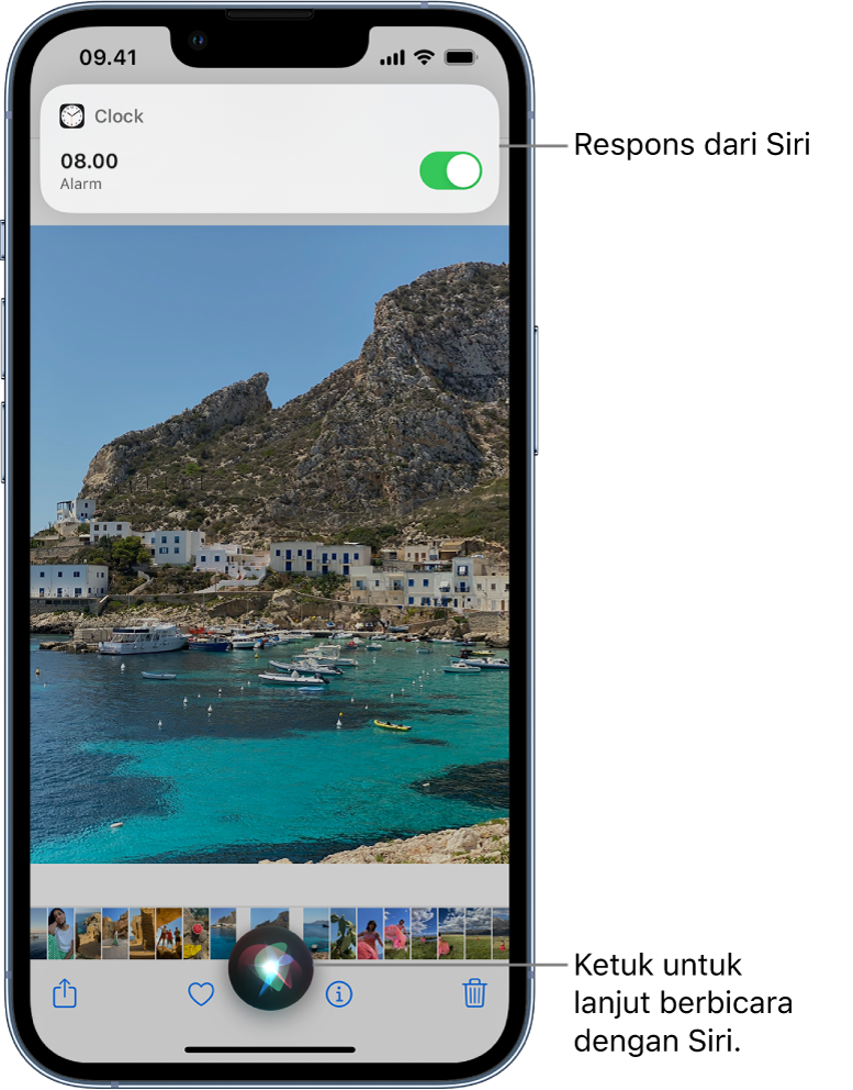 Siri di layar app Cuaca. Pemberitahuan dari app Jam memperlihatkan bahwa alarm dinyalakan untuk pukul 08.00. Tombol di bagian bawah layar digunakan untuk melanjutkan berbicara dengan Siri.