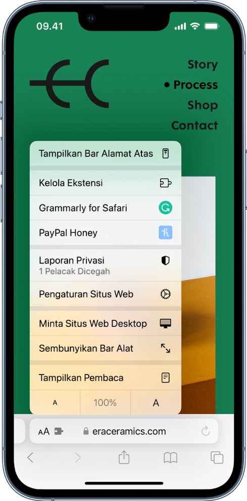 Menu Pengaturan Halaman. Di bagian atas terdapat pilihan Tampilkan Bar Alamat Atas. Di bawahnya terdapat pilihan Kelola Ekstensi yang diikuti oleh ekstensi yang diinstal: Honey dan Grammarly untuk Safari.