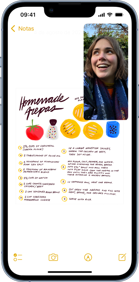 Um ecrã com uma conversa FaceTime em curso enquanto a aplicação Notas preenche o resto do ecrã.