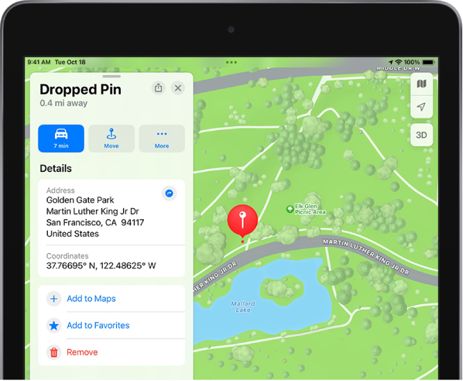 A map of Golden Gate Park with a Dropped Pin near a lake and a curving street.