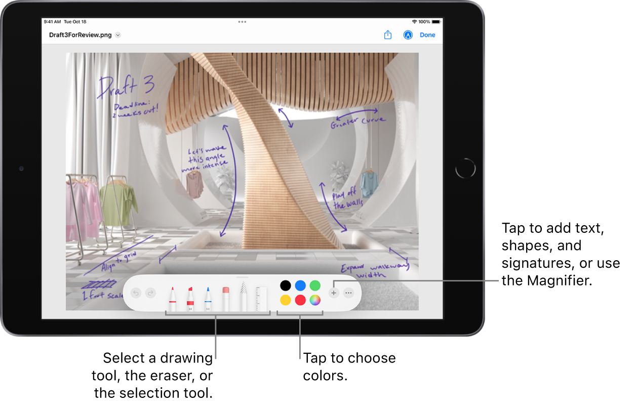 An image in a Markup window. Below the image, from left to right, are buttons for the Markup tools: drawing pens, the eraser, the selection tool, colors, and buttons for adding a text box, your signature, and shapes, and for choosing the Magnifier.