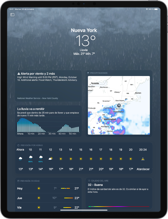 La pantalla Tiempo donde se ve lluvia en el fondo de la pantalla y, de arriba abajo: la ubicación, la temperatura actual, las precipitaciones, la temperatura máxima y mínima del día y un aviso meteorológico de rachas de vientos fuertes y dos más, las previsiones de lluvia para la próxima hora y el mapa de precipitaciones. Debajo del aviso meteorológico y de la información de las precipitaciones está la previsión por horas, la previsión de diez días en el lado inferior izquierdo de la pantalla y la escala de la calidad del aire en el lado inferior derecho de la pantalla.