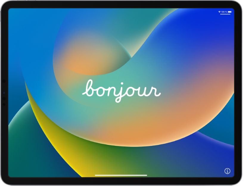 L’écran Bonjour qui s’affiche lorsque l’iPad est allumé pour la première fois.