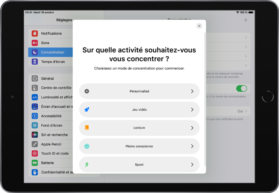 Un écran de configuration du mode de concentration pour l’un des modes de concentration supplémentaires fournis, notamment Personnalisé, Sport, « Jeu vidéo », « Pleine conscience » et Lecture.